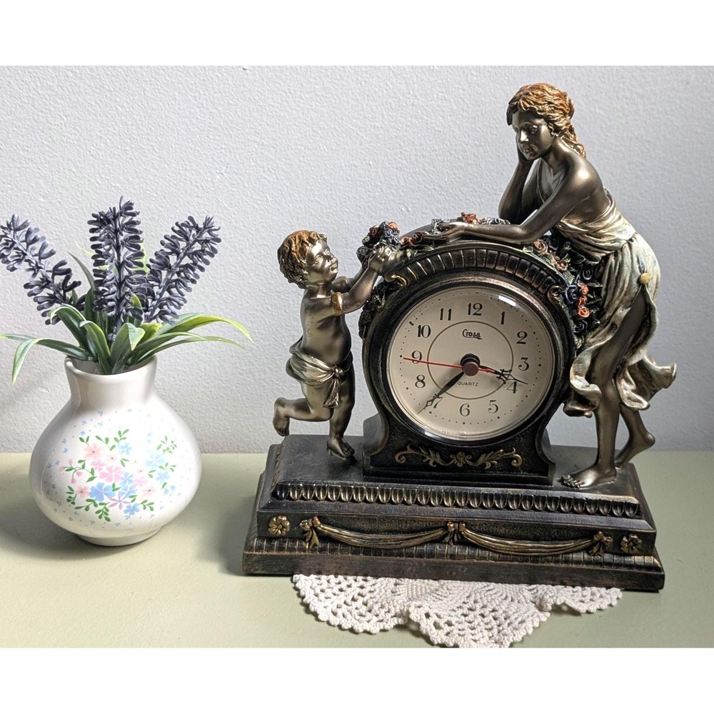 Vintage Rosa Cherub Mantel Clock Bronze Finish Romantic Table Clock Battery